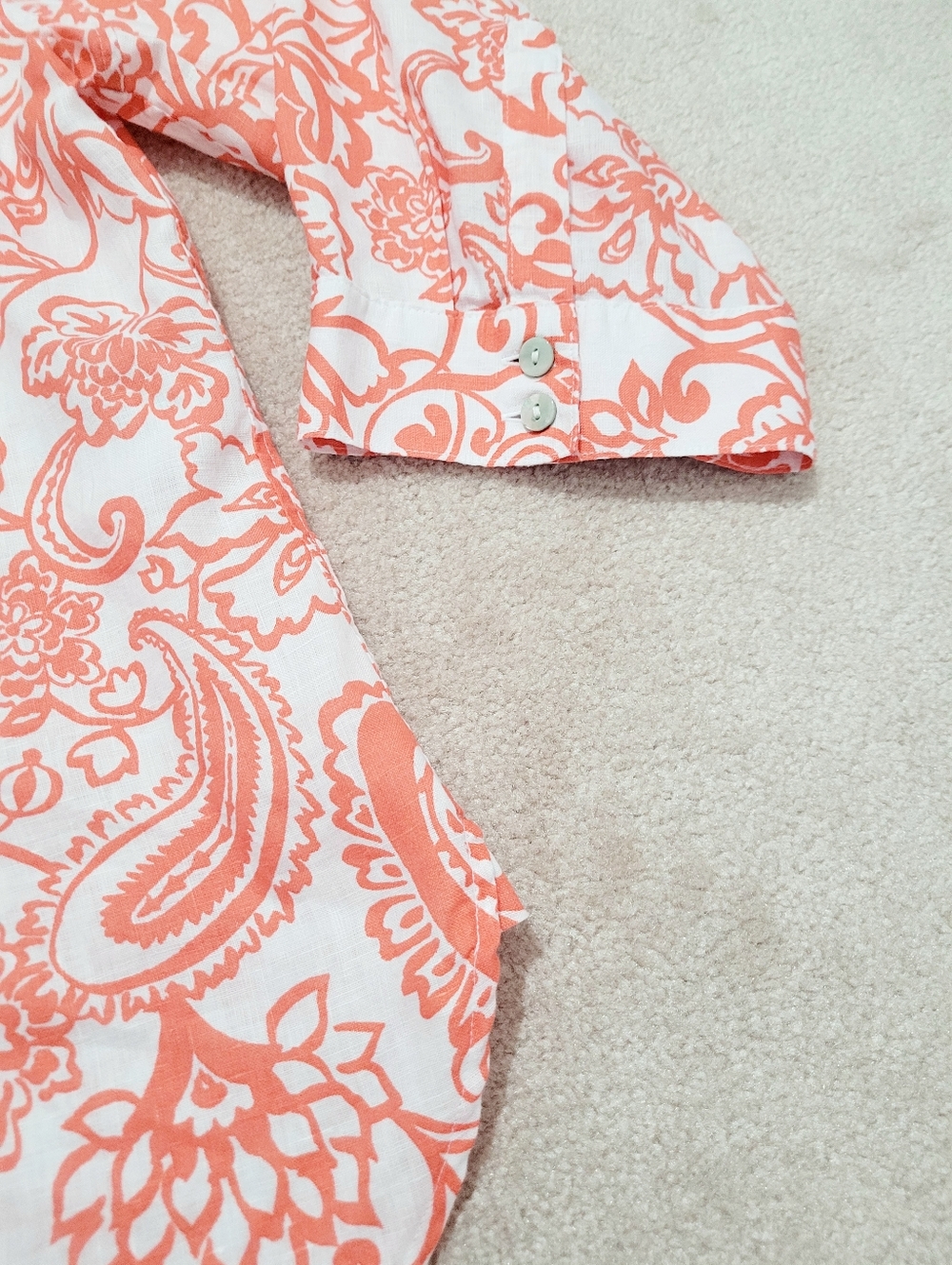 Chico’s 100% Linen Shirt Size 16 Orange White Paisley Button Front Top Classic - Picture 11 of 13